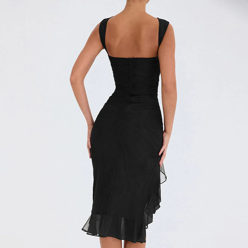 Mesh Ruched Crew Neck Sleeveless Bodycon Ruffle Cocktail Midi Dress - Black - Image 3