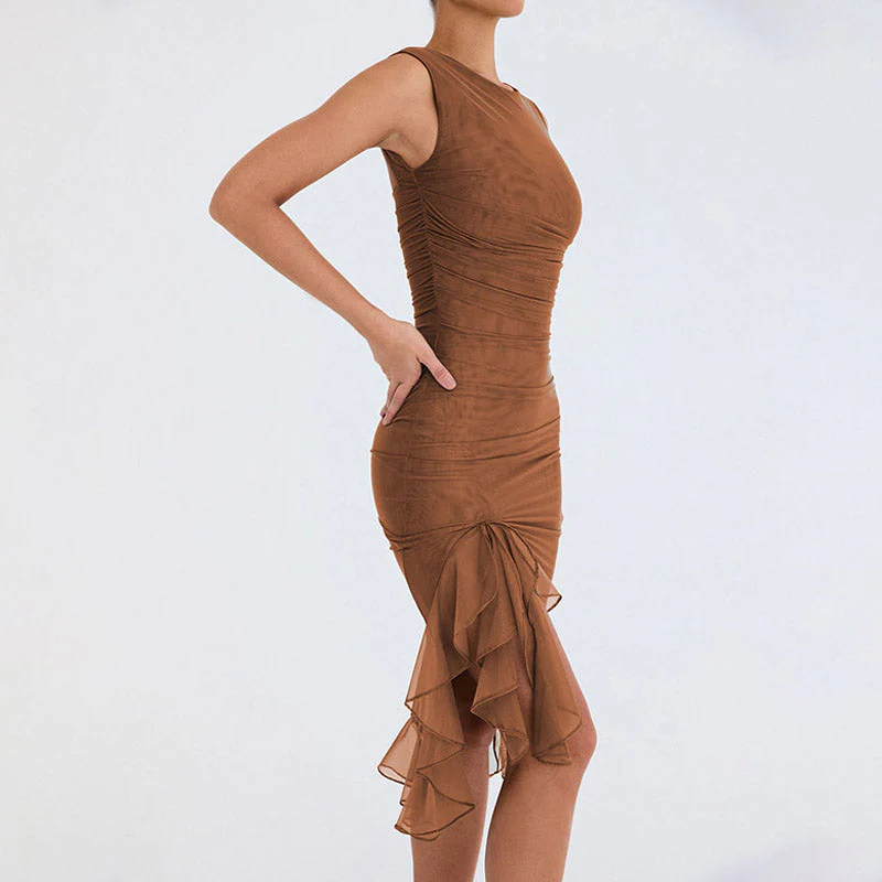 Mesh Ruched Crew Neck Sleeveless Bodycon Ruffle Cocktail Midi Dress - Brown - Image 2