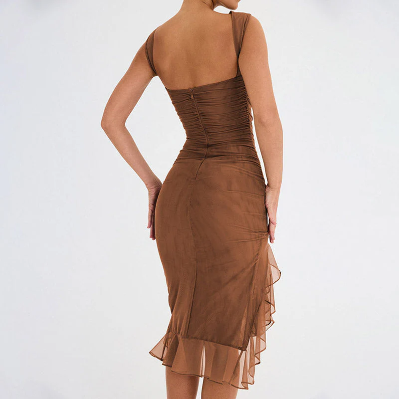 Mesh Ruched Crew Neck Sleeveless Bodycon Ruffle Cocktail Midi Dress - Brown - Image 3