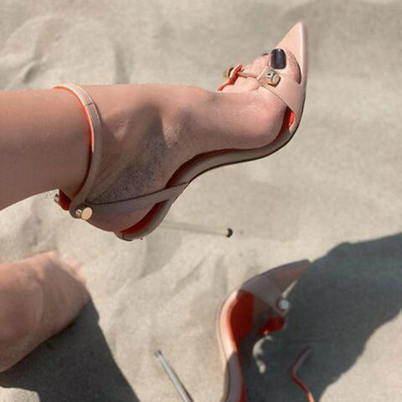 Sexy Metal Bar Detail Pointed Toe Ankle Strap Stiletto Sandals - Nude - Image 2