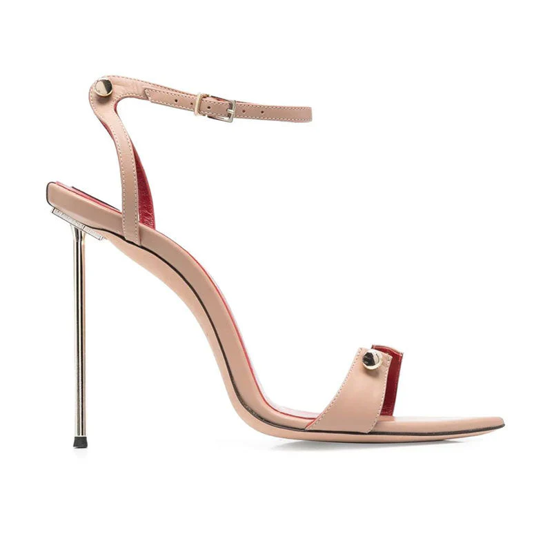 Sexy Metal Bar Detail Pointed Toe Ankle Strap Stiletto Sandals - Nude - Image 4