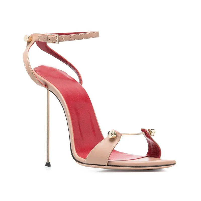 Sexy Metal Bar Detail Pointed Toe Ankle Strap Stiletto Sandals - Nude - Image 5