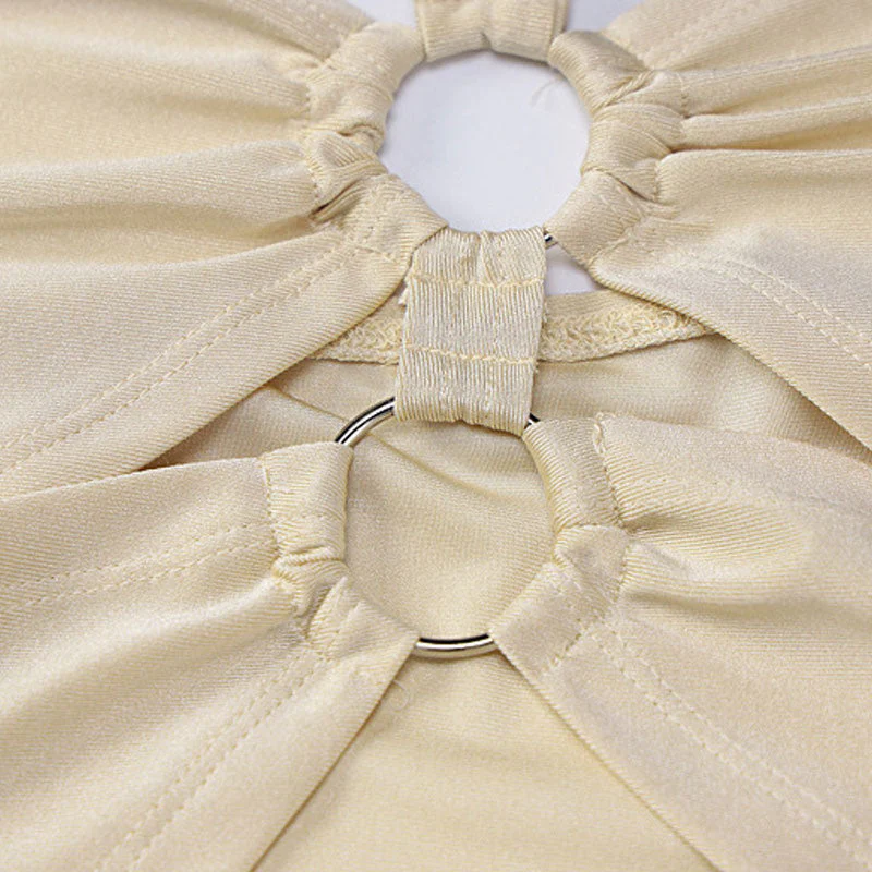 O Ring Cut Out Drawstring Ruched Split Trim Halter Party Midi Dress - Beige - Image 3