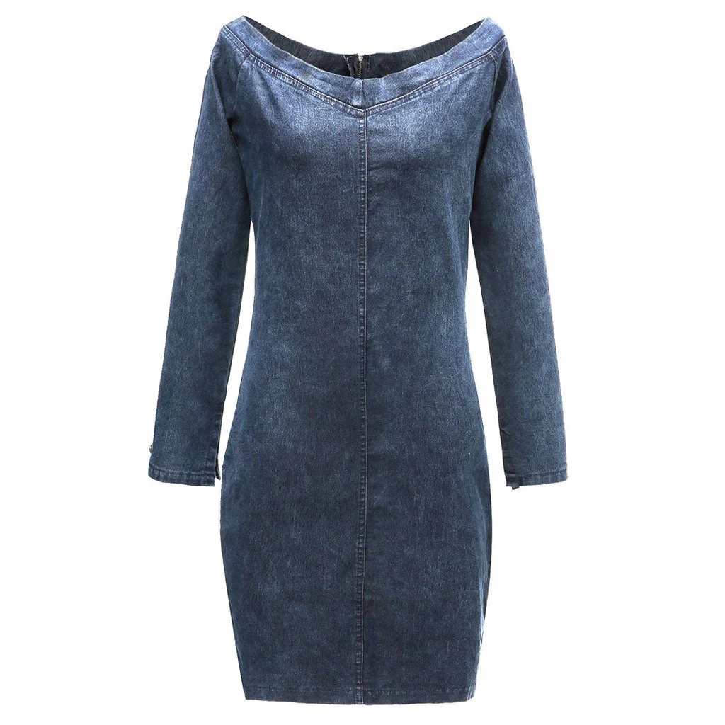 Off Shoulder Long Sleeve Bodycon Denim Mini Dress - Blue - Image 2