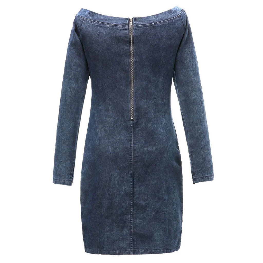 Off Shoulder Long Sleeve Bodycon Denim Mini Dress - Blue - Image 3