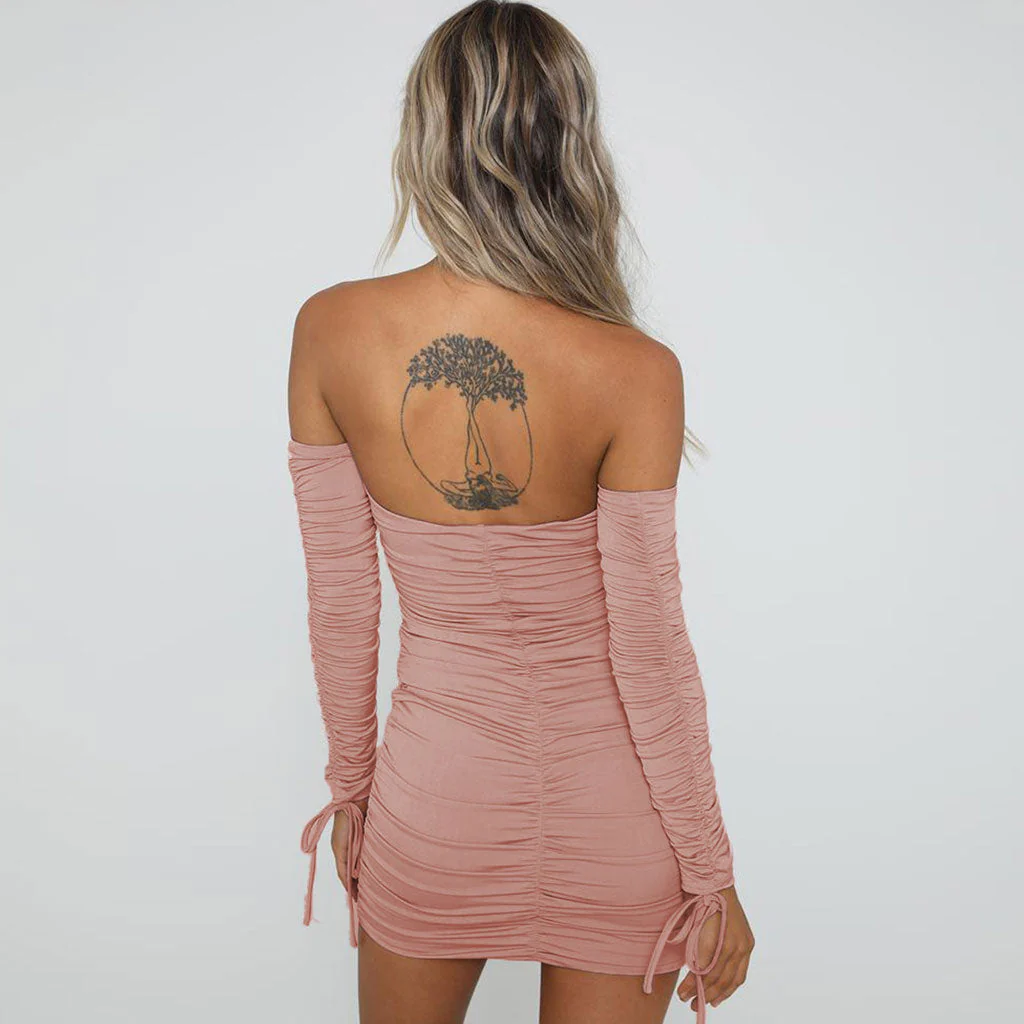 Off Shoulder Long Sleeve Ruched Party Mini Dress - Black - Image 3