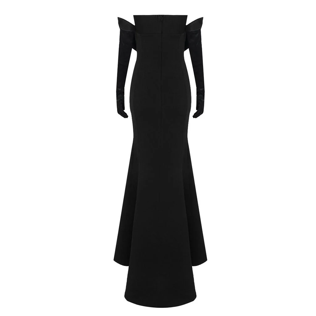 Sexy Off Shoulder Rosette Bra CutOut Gloved Maxi Fishtail Evening Dress - Image 6