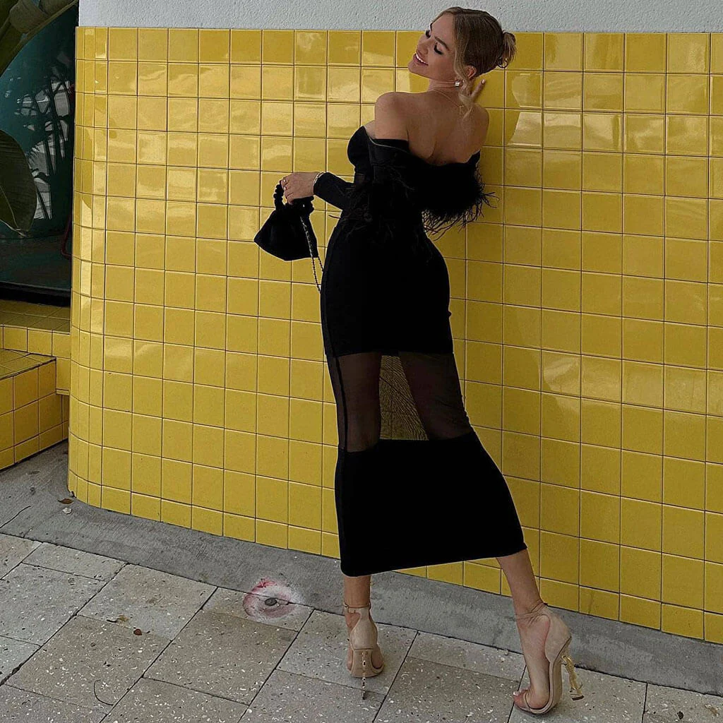 Sexy Off The Shoulder Feather Trim Sleeve Sheer Mesh Bandage Midi Dress - Image 5