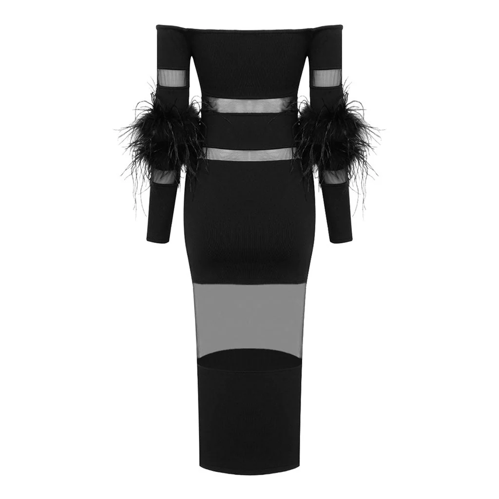 Sexy Off The Shoulder Feather Trim Sleeve Sheer Mesh Bandage Midi Dress - Image 7