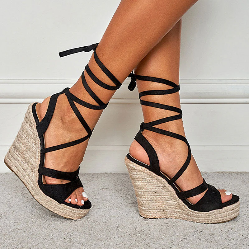 Sexy Open Toe Strappy Suede Lace Up Ankle Tie Wedge Espadrilles - Black - Image 2