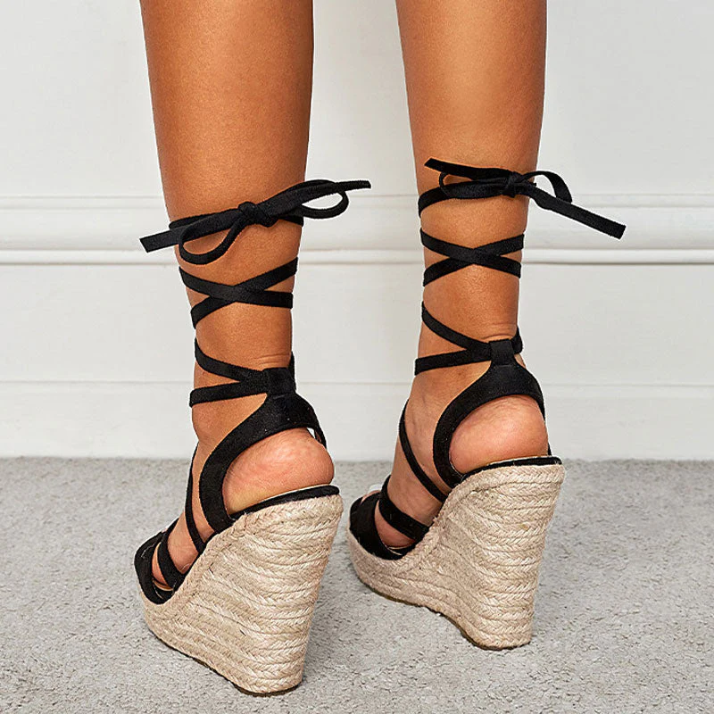 Sexy Open Toe Strappy Suede Lace Up Ankle Tie Wedge Espadrilles - Black - Image 4