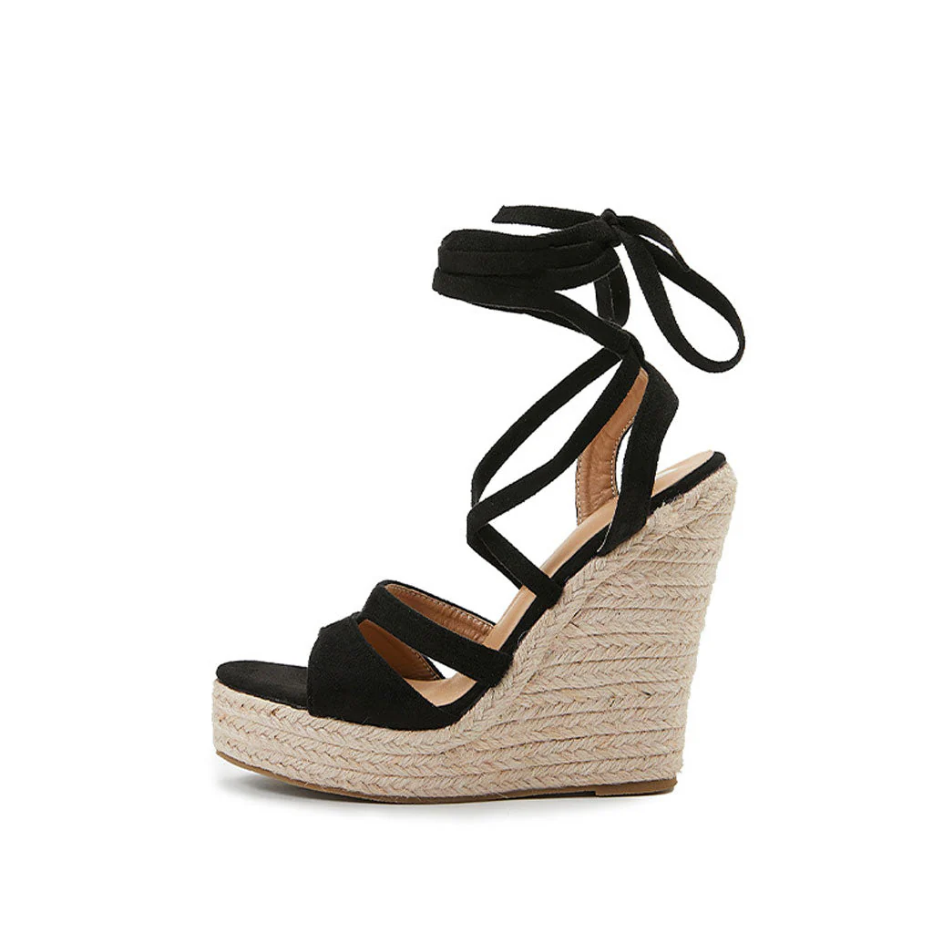 Sexy Open Toe Strappy Suede Lace Up Ankle Tie Wedge Espadrilles - Black - Image 5