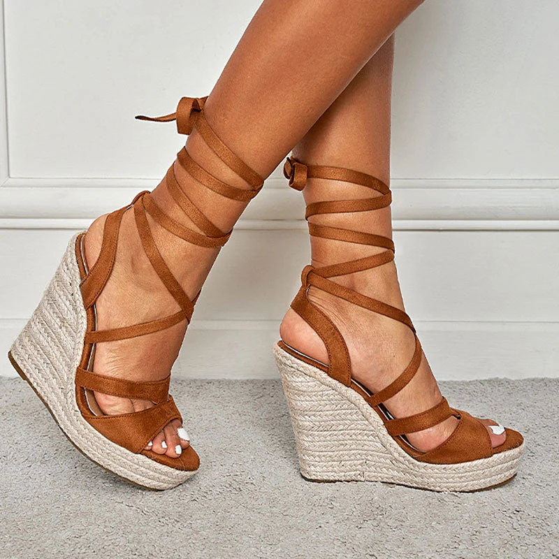 Sexy Open Toe Strappy Suede Lace Up Ankle Tie Wedge Espadrilles - Brown - Image 2