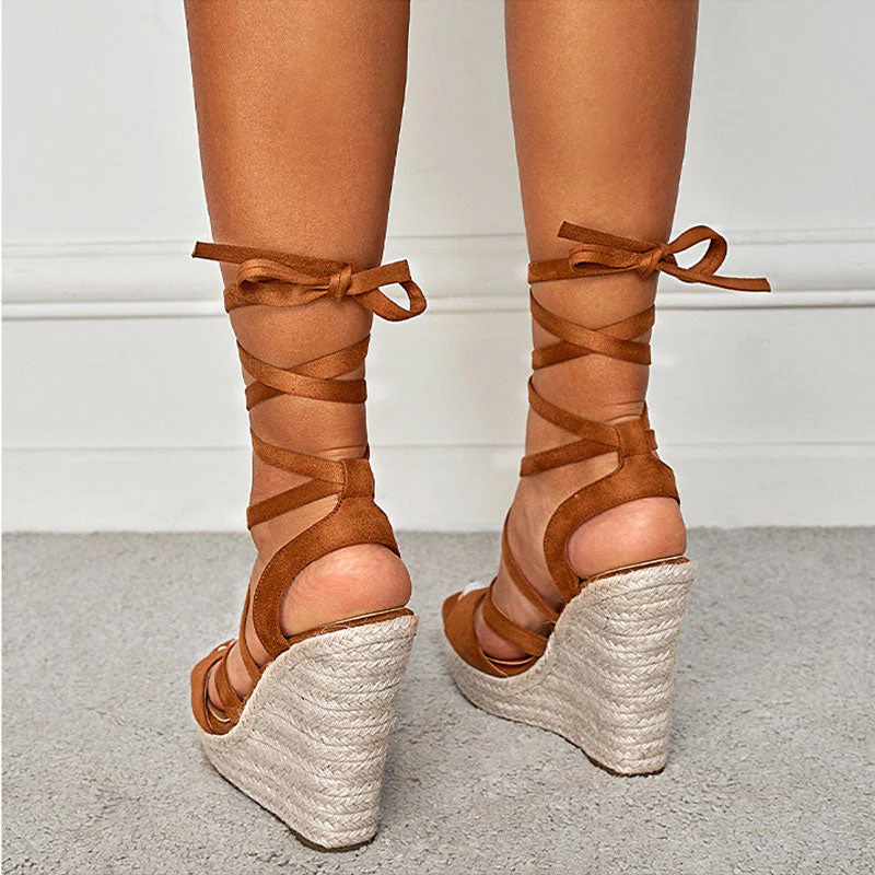 Sexy Open Toe Strappy Suede Lace Up Ankle Tie Wedge Espadrilles - Brown - Image 4