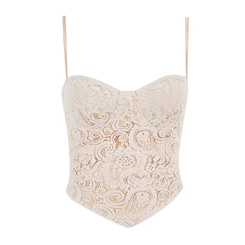 Sexy Paisley Lace Sweetheart Neck Spaghetti Strap Tie Back Crop Top - Image 2