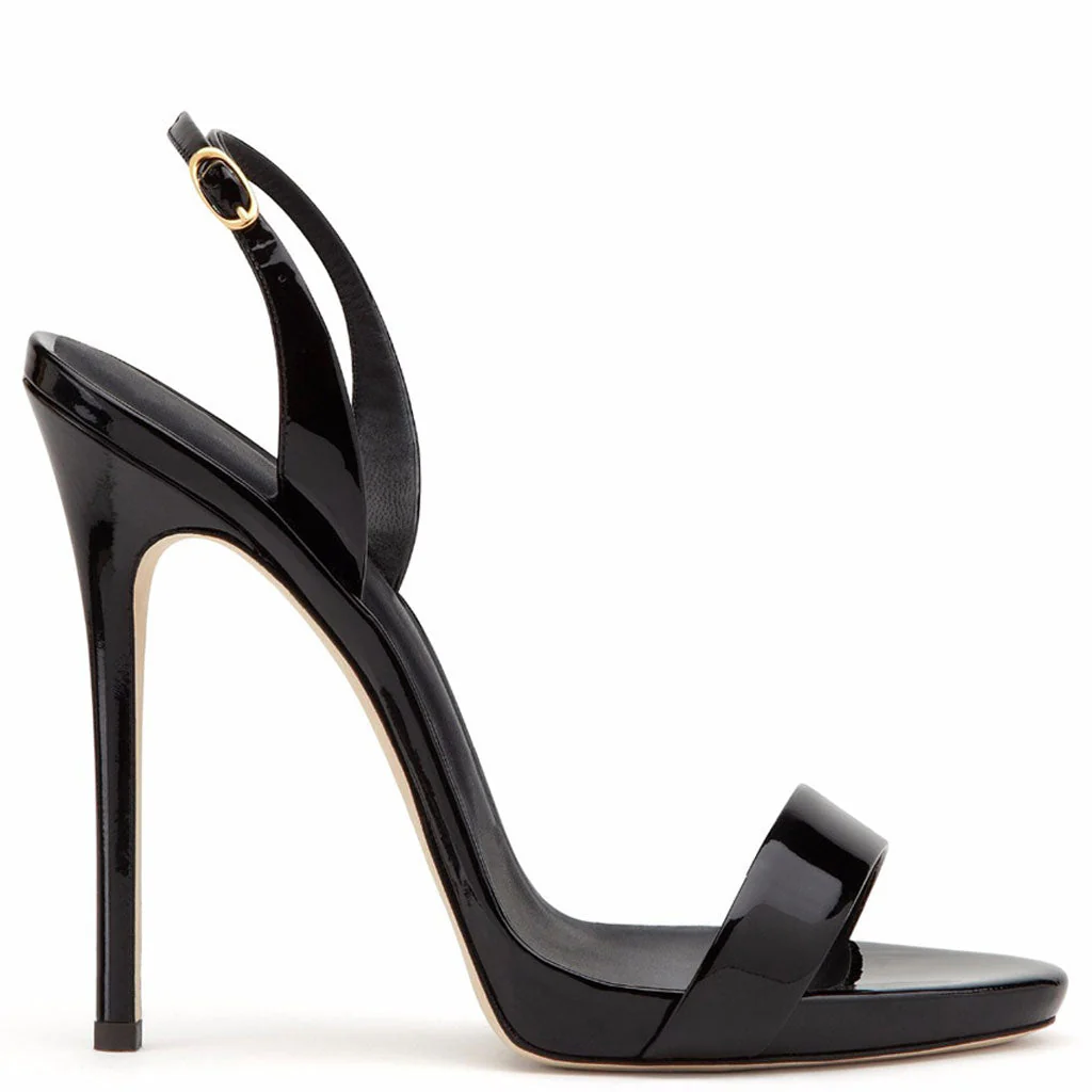 Sexy Patent Leather Round Toe Stiletto Halter SlingBack Sandals - Black - Image 2
