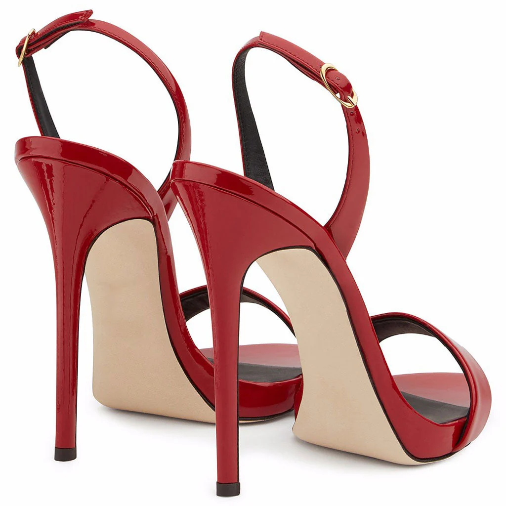 Sexy Patent Leather Round Toe Stiletto Halter SlingBack Sandals - Red - Image 3