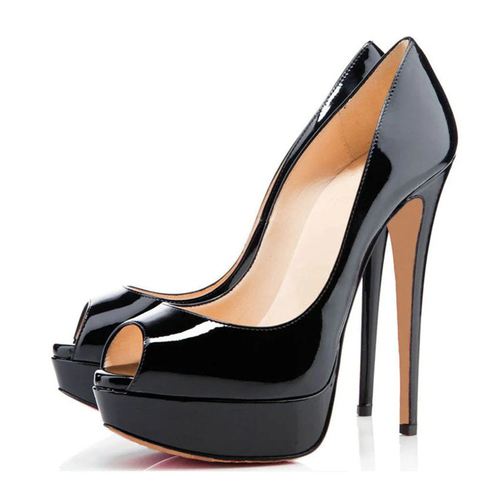 Sexy Peep Toe Patent Leather Platform Stiletto Pumps - Black - Image 3