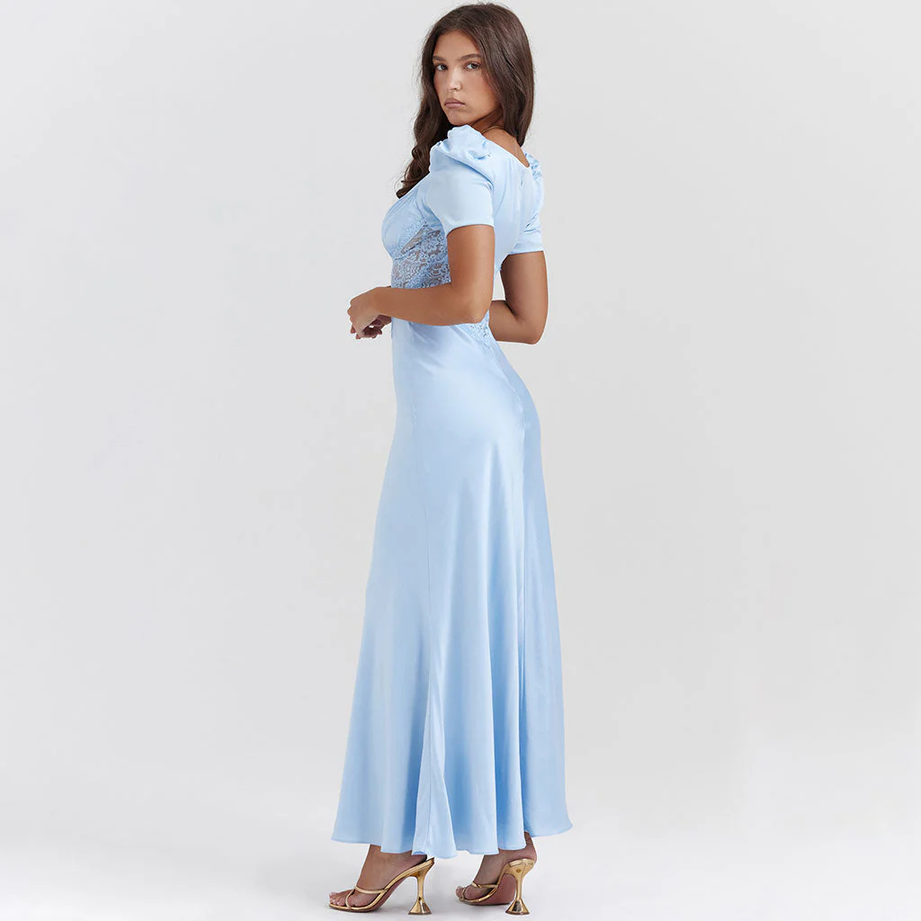 Sexy Pleated Plunge Neck Puff Short Sleeve Silky Satin and Sheer Lace Maxi Fishtail Dress - Image 2