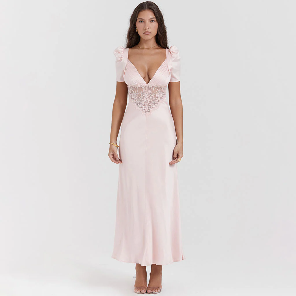 Sexy Pleated Plunge Neck Puff Short Sleeve Silky Satin and Sheer Lace Maxi Fishtail Dress - Image 3