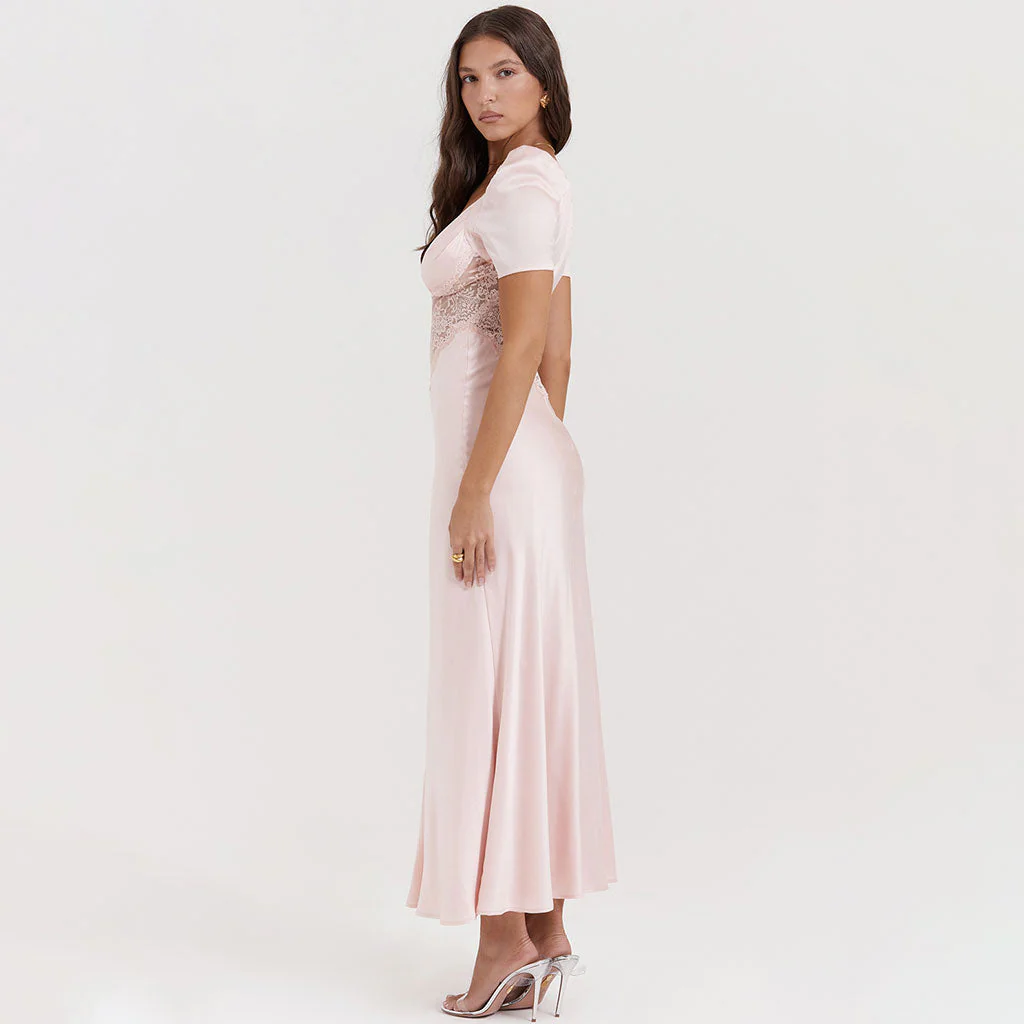 Sexy Pleated Plunge Neck Puff Short Sleeve Silky Satin and Sheer Lace Maxi Fishtail Dress - Image 4