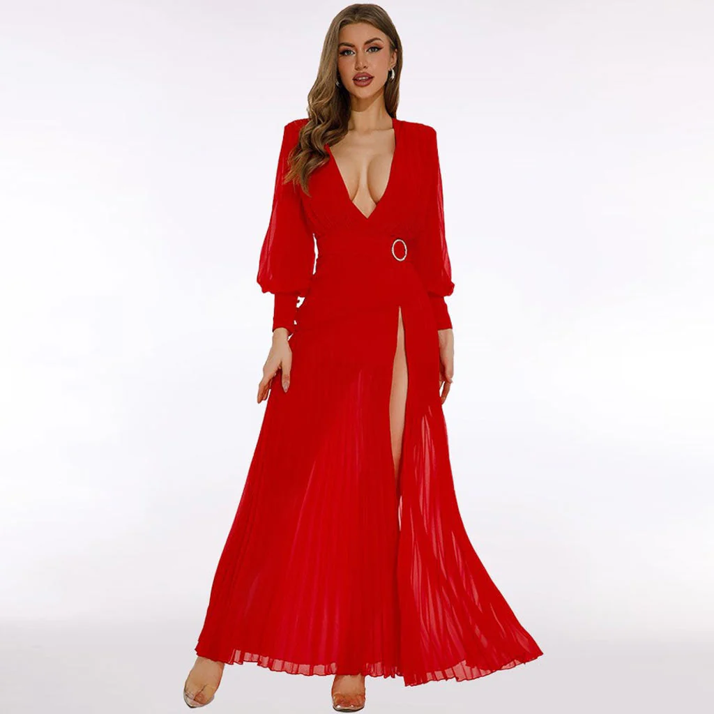 Sexy Plunge Bishop Sleeve Belted High Split Chiffon Pleated Maxi Evening Dress - Image 2