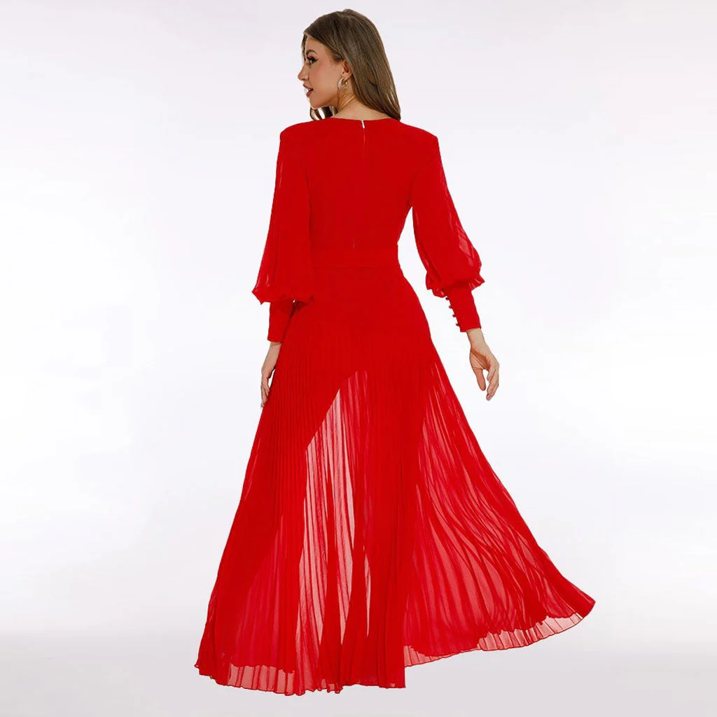 Sexy Plunge Bishop Sleeve Belted High Split Chiffon Pleated Maxi Evening Dress - Image 4