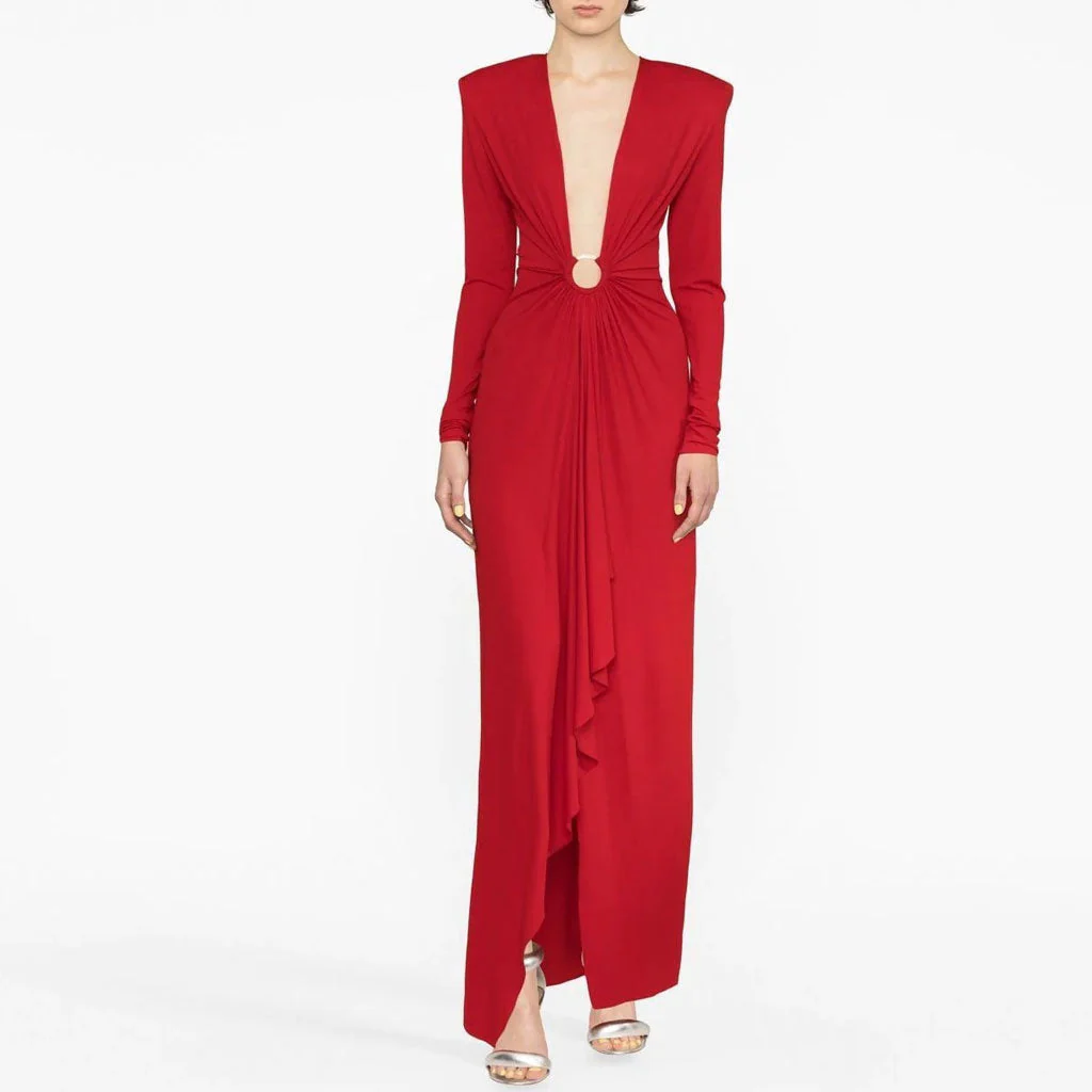 Sexy Plunge Neck Crystal O Ring Padded Long Sleeve Split Maxi Evening Dress - Image 2