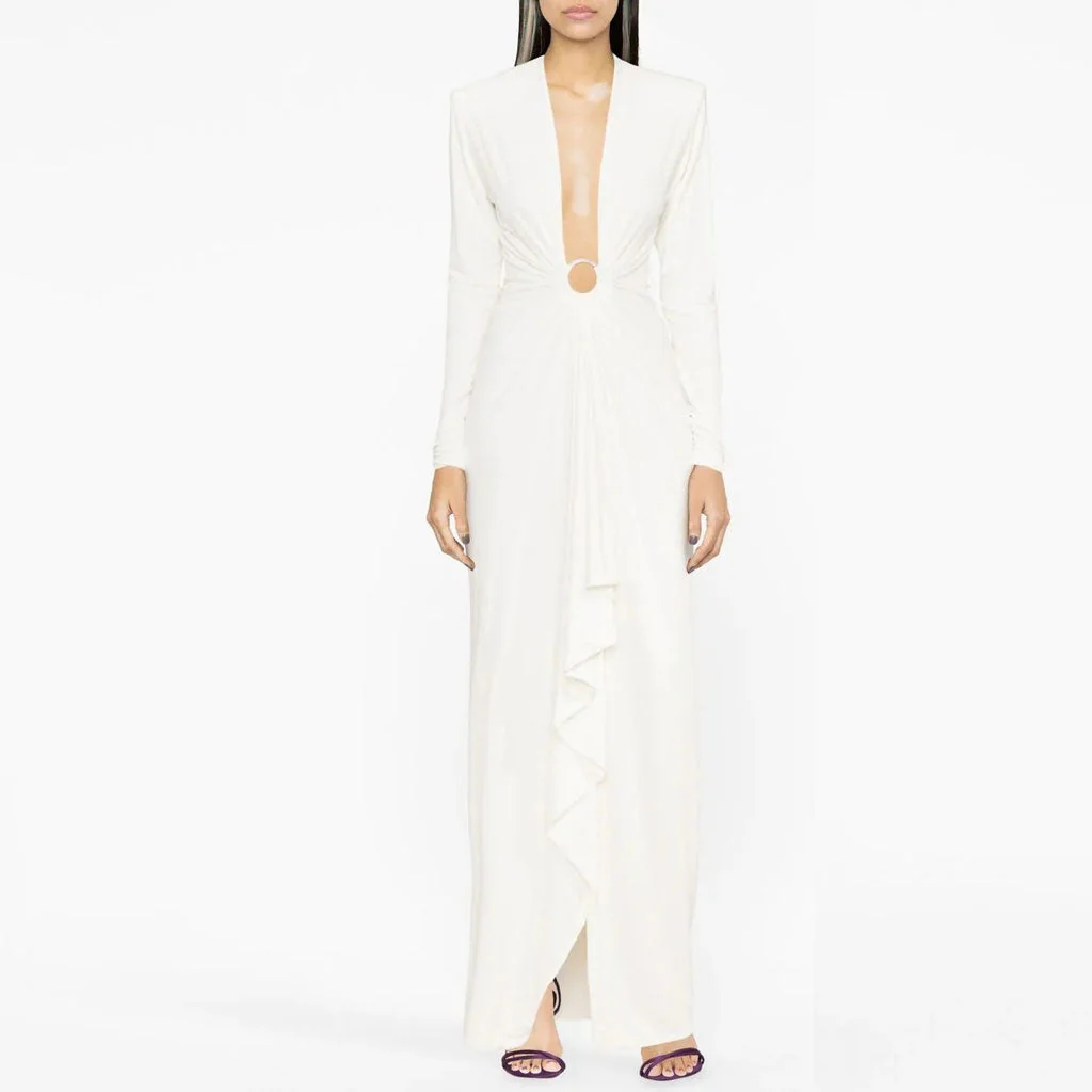 Sexy Plunge Neck Crystal O Ring Padded Long Sleeve Split Maxi Evening Dress - Image 3
