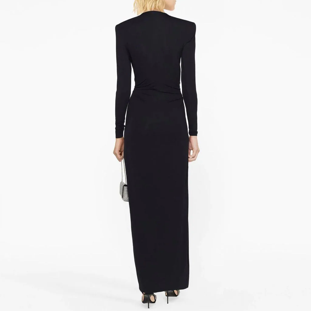 Sexy Plunge Neck Crystal O Ring Padded Long Sleeve Split Maxi Evening Dress - Image 5