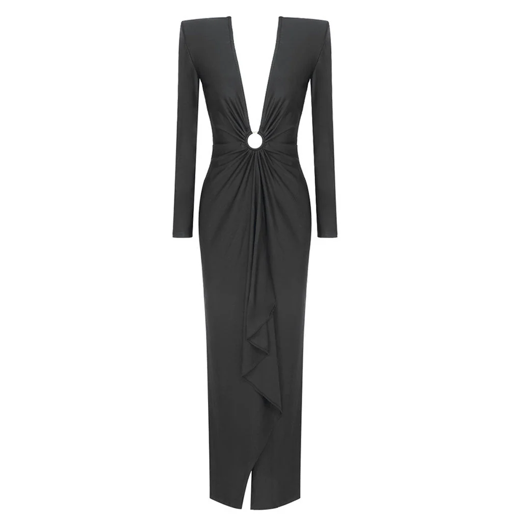 Sexy Plunge Neck Crystal O Ring Padded Long Sleeve Split Maxi Evening Dress - Image 6