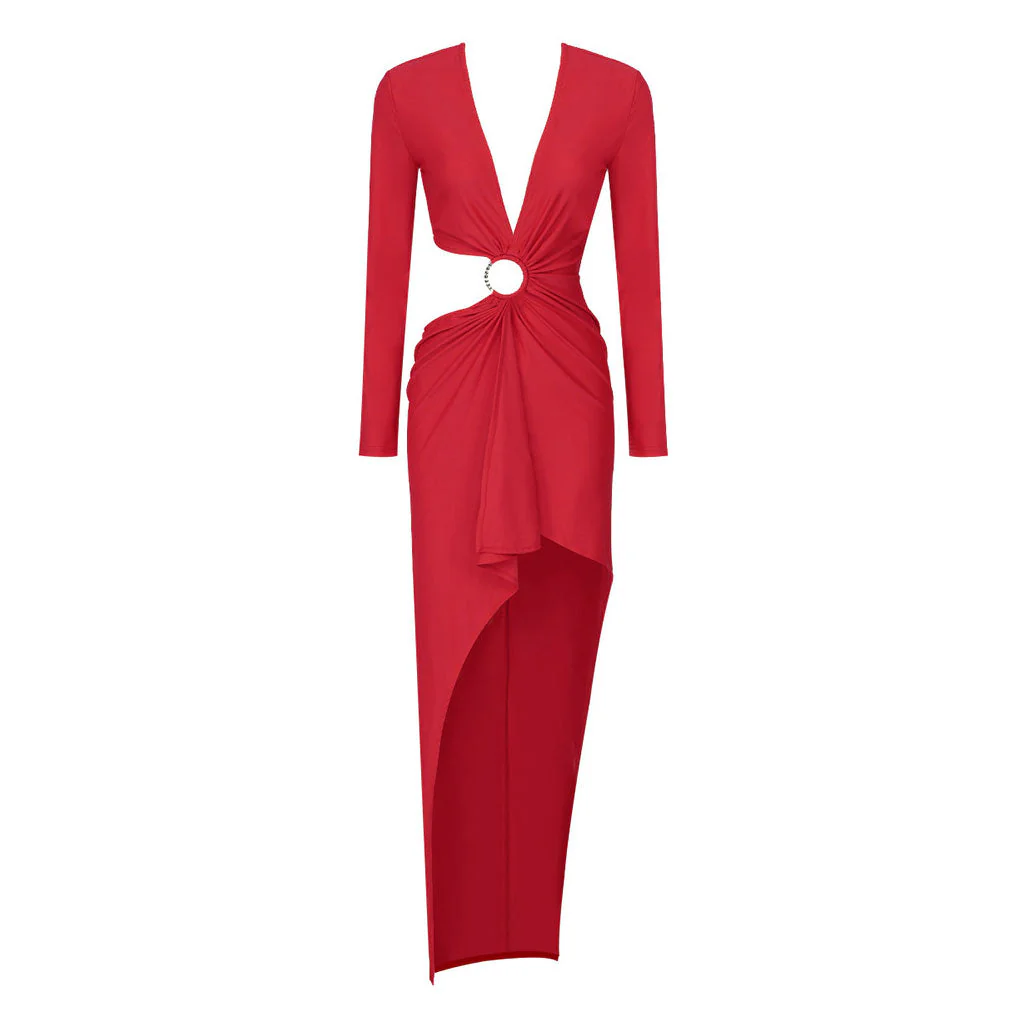 Sexy Plunge Neck Long Sleeve CutOut Ruched O Ring Draped High Low Evening Dress - Image 8