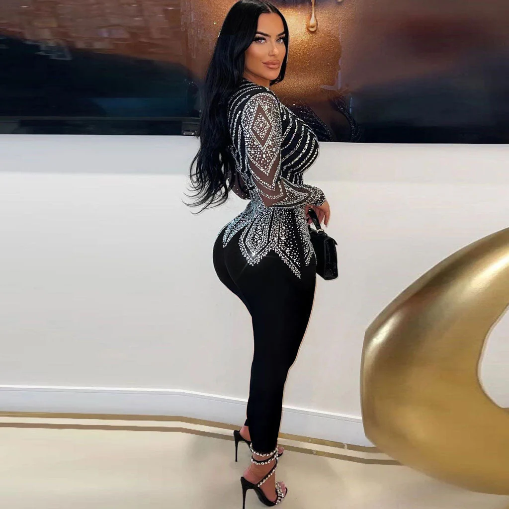 Sexy Plunge V Neck Sheer Long Sleeve Glitter Crystal Bodycon Party Jumpsuit - Image 2
