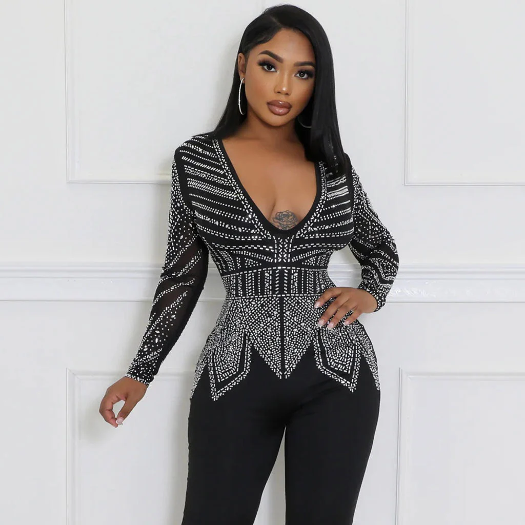 Sexy Plunge V Neck Sheer Long Sleeve Glitter Crystal Bodycon Party Jumpsuit - Image 3