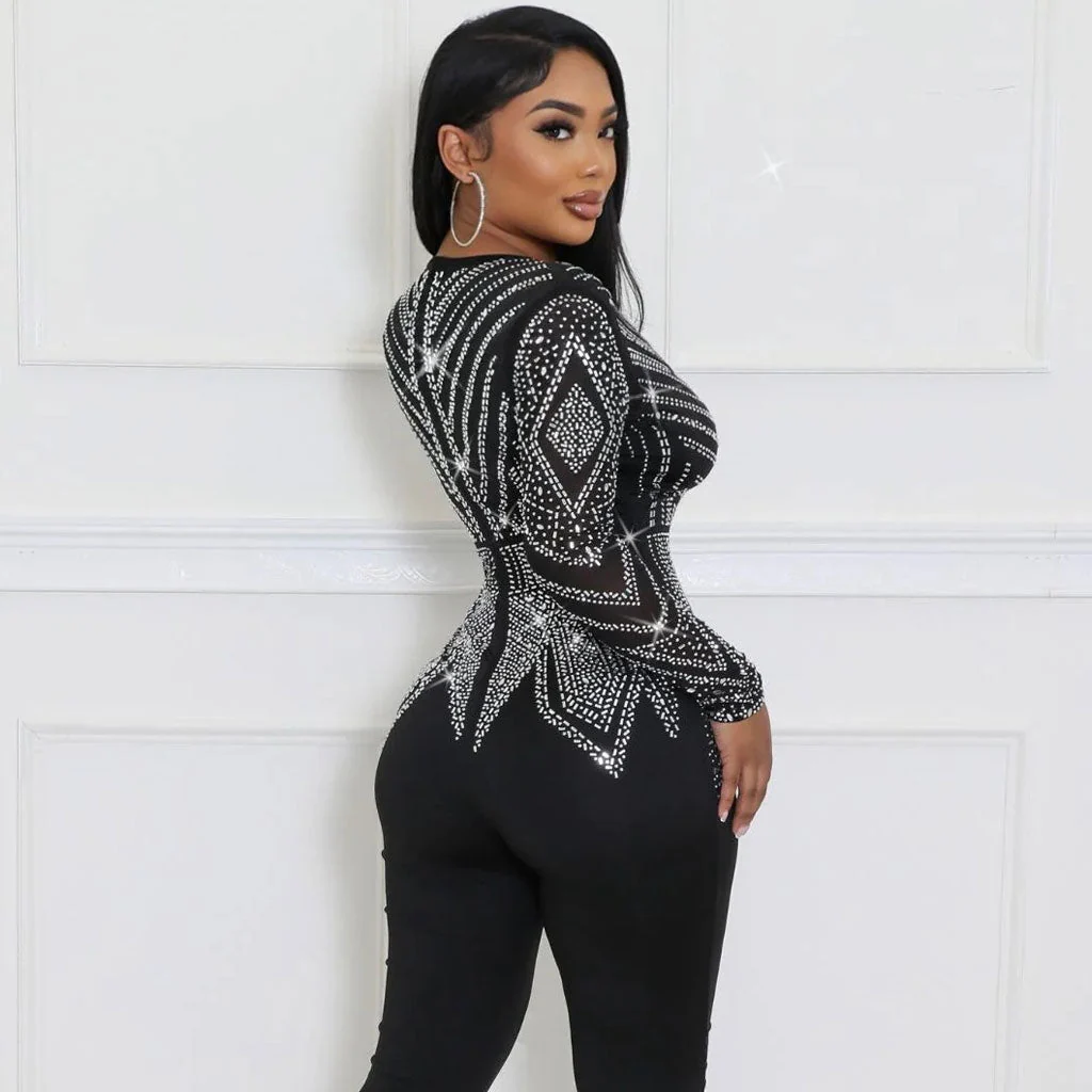 Sexy Plunge V Neck Sheer Long Sleeve Glitter Crystal Bodycon Party Jumpsuit - Image 4