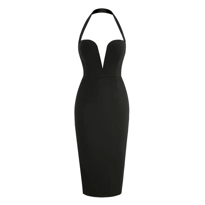 Sexy Plunging Halter Neck Back Slit Sleeveless Bodycon Midi Dress - Black - Image 4