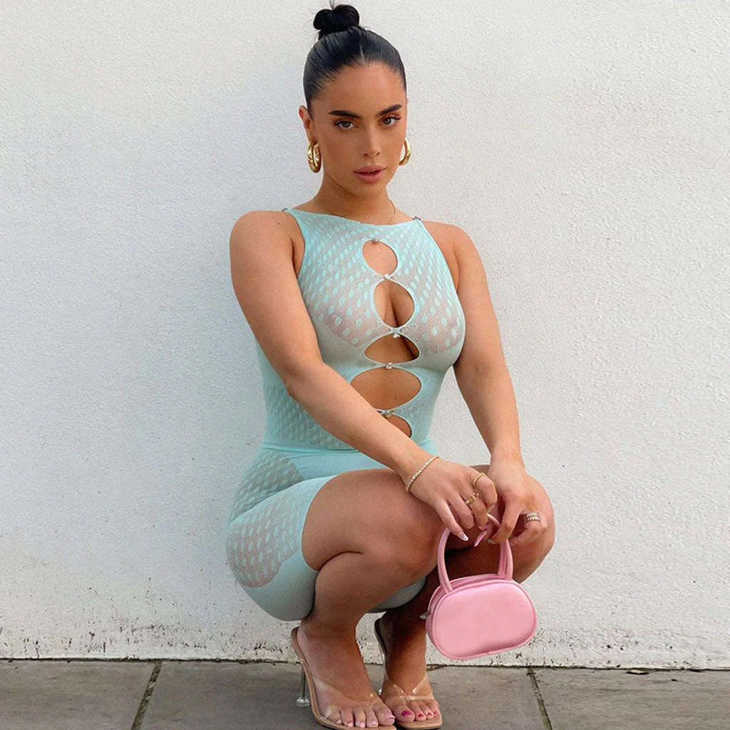 Polka Dot Rhinestone Trimmed Cut Out Mesh Sheer Romper - Teal - Image 3