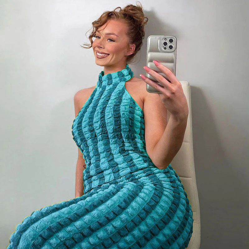 Popcorn Striped High Neck Sleeveless Bodycon Maxi Dress - Blue - Image 2