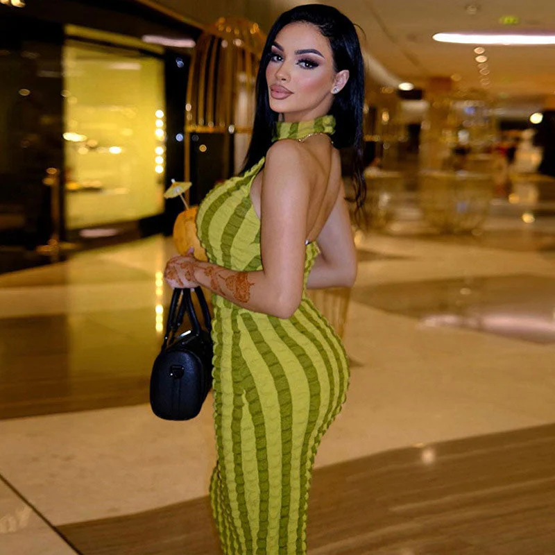 Popcorn Striped High Neck Sleeveless Bodycon Maxi Dress - Green - Image 3