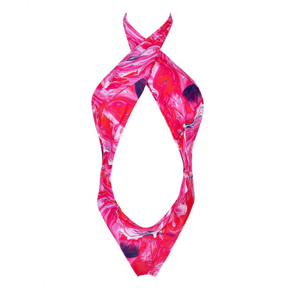 Printed High Leg Low Back Cutout One Piece Swimsuit - Pink - Image 3