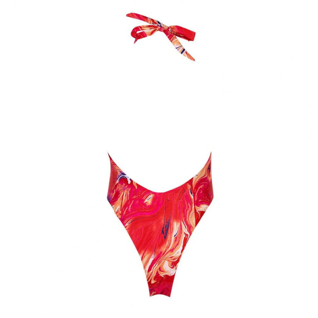 Printed High Leg Low Back Cutout One Piece Swimsuit - Red - Image 4