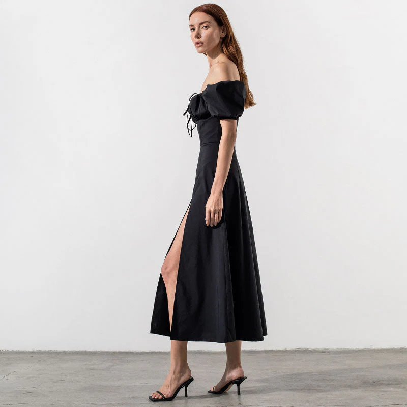 Puff Sleeve Tie Front High Split Off Shoulder Midi Sundress - Black - Image 2