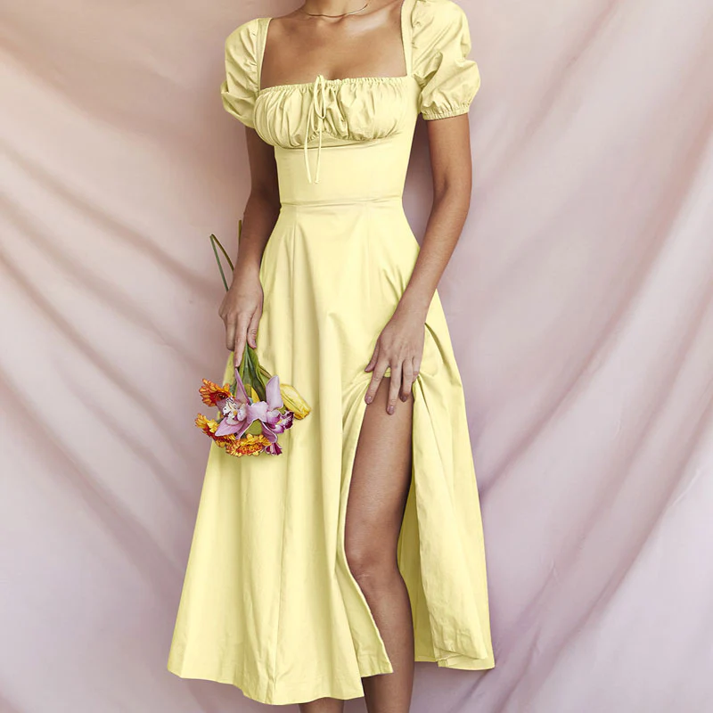 Puff Sleeve Tie Front High Split Off Shoulder Midi Sundress - Yellow - Image 2
