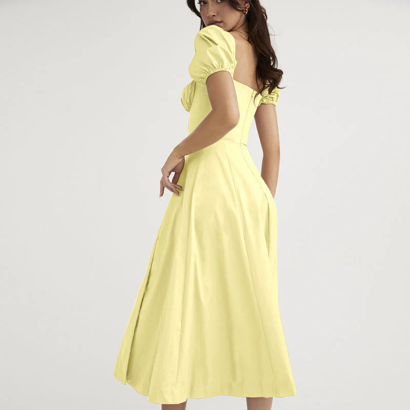 Puff Sleeve Tie Front High Split Off Shoulder Midi Sundress - Yellow - Image 3