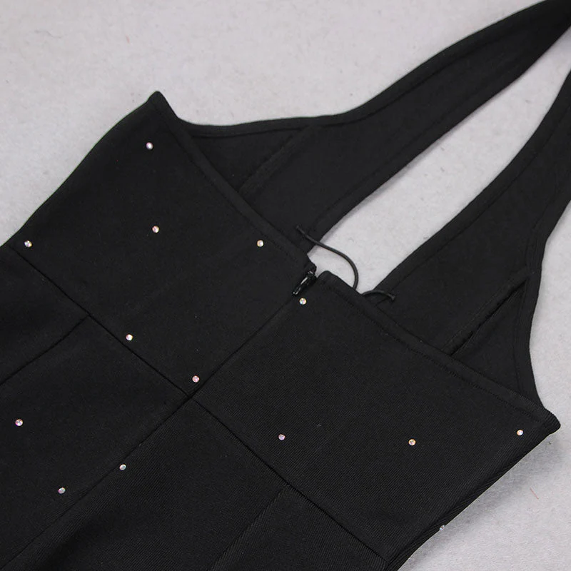 Sexy Rhinestone Lace Up Halter Deep V Open Back Fitted Bandage Jumpsuit - Image 4