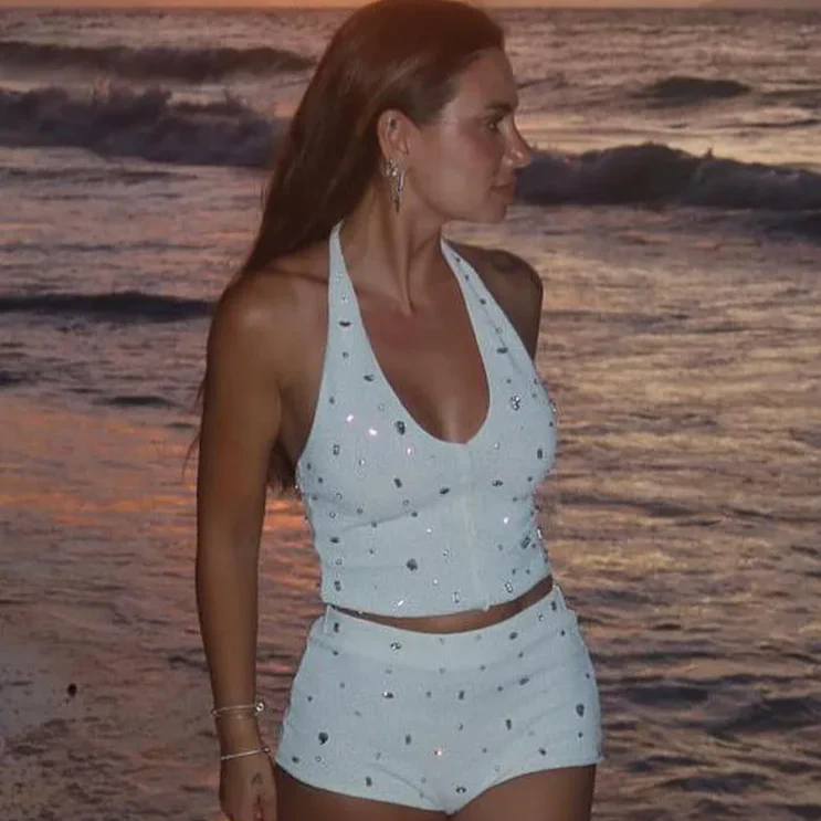 RHINESTONES HIGH Waist SHORTS and HALTER TOP 2 PEACE SET - Image 10