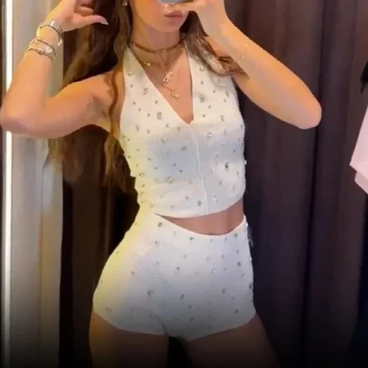 RHINESTONES HIGH Waist SHORTS and HALTER TOP 2 PEACE SET - Image 7