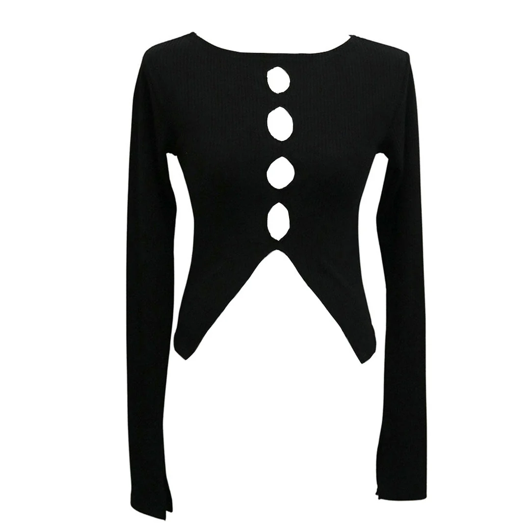 Rib Knit Boat Neck Long Sleeve Split Trim Cut Out Crop Top - Black - Image 3