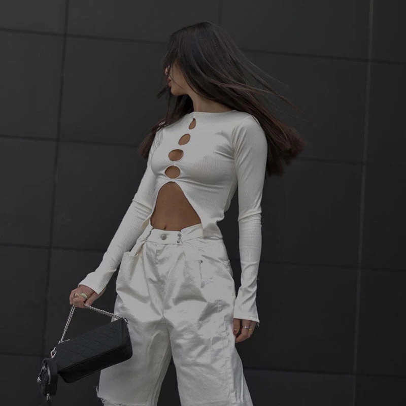 Rib Knit Boat Neck Long Sleeve Split Trim Cut Out Crop Top - White - Image 3