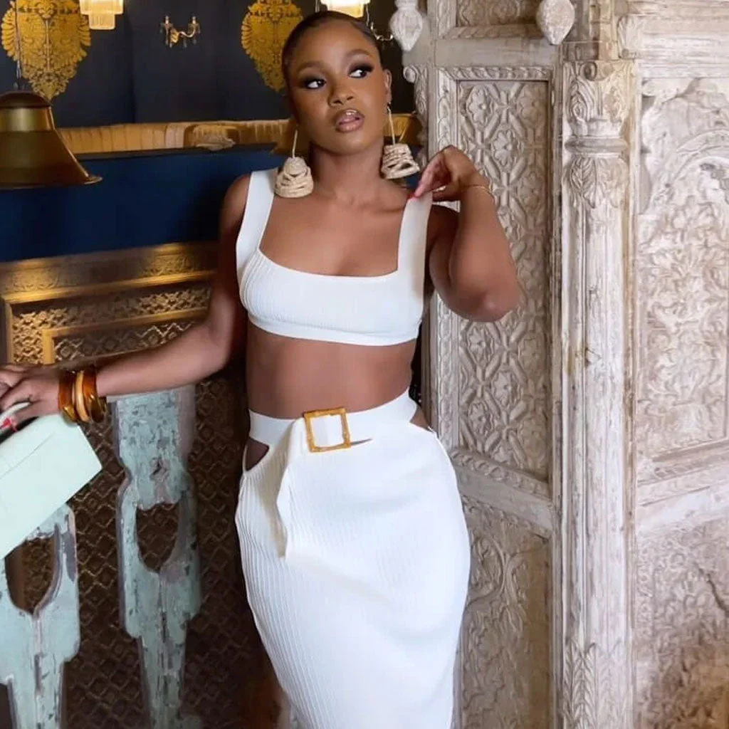 Sexy Rib Knit Crop Tank Top CutOut Belted High Waist Bandage Skirt Matching Set - Image 3